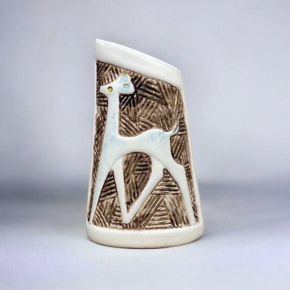 Vtg Italian Vase Deer Fawn White Brown Italy Flowers Art Home Decor - Read